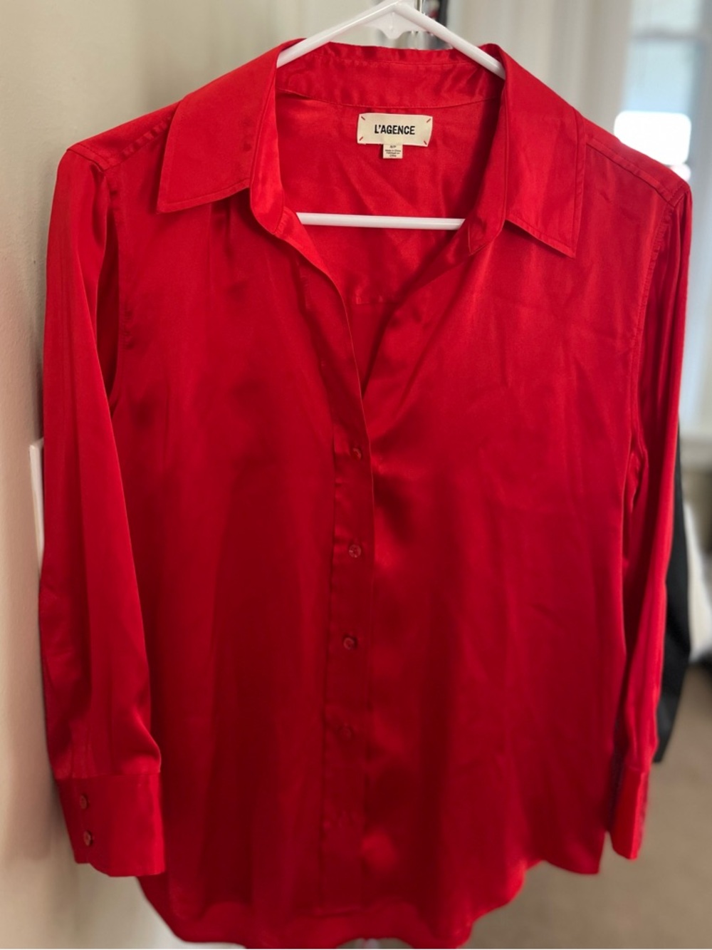 L'AGENCE-Classic Red Button-Up Silk Blouse
